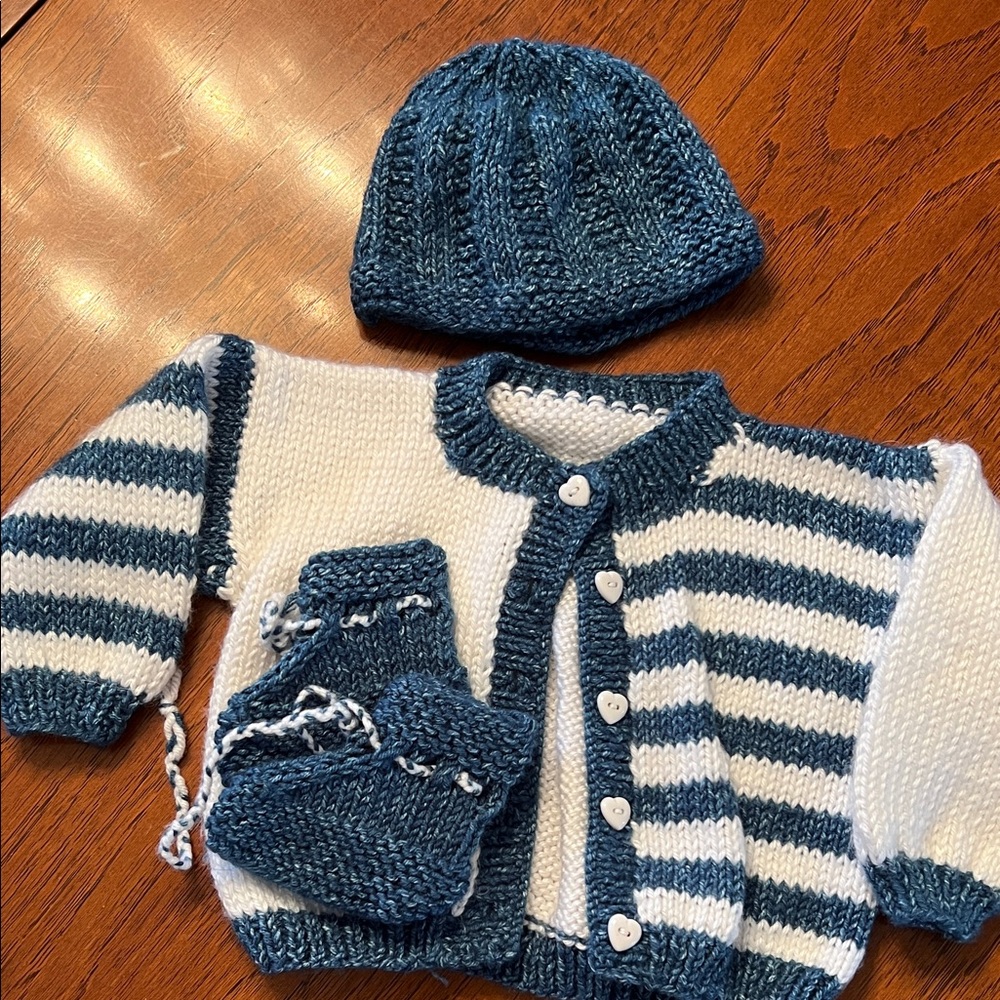 Hand-Knit Baby Cardigan Set in Blue and White size approx 0-3 months